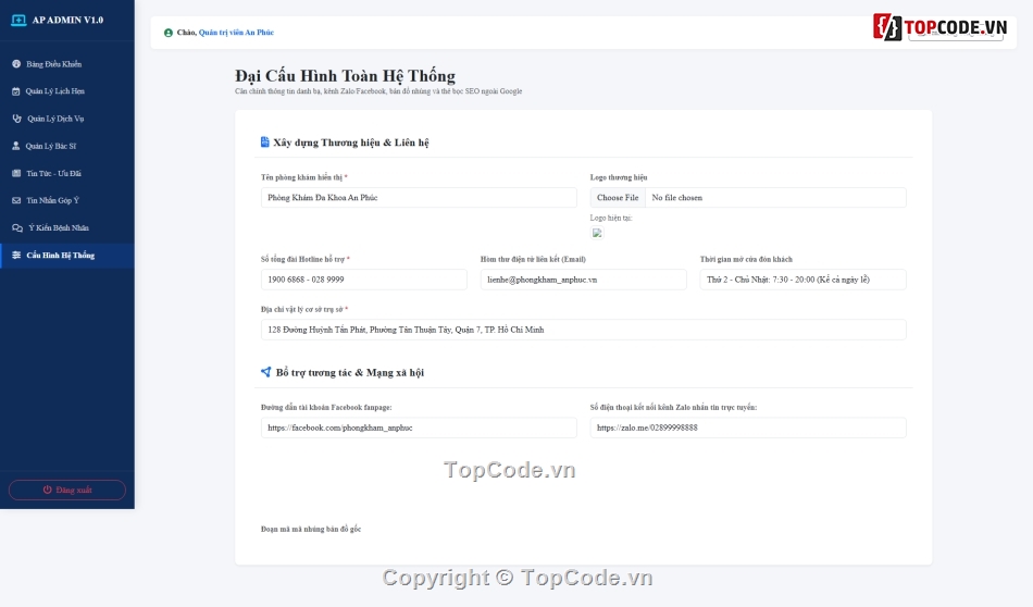 website phòng khám,source code php mysql,quản lý phòng khám,website y tế,đặt lịch khám online,admin quản trị php